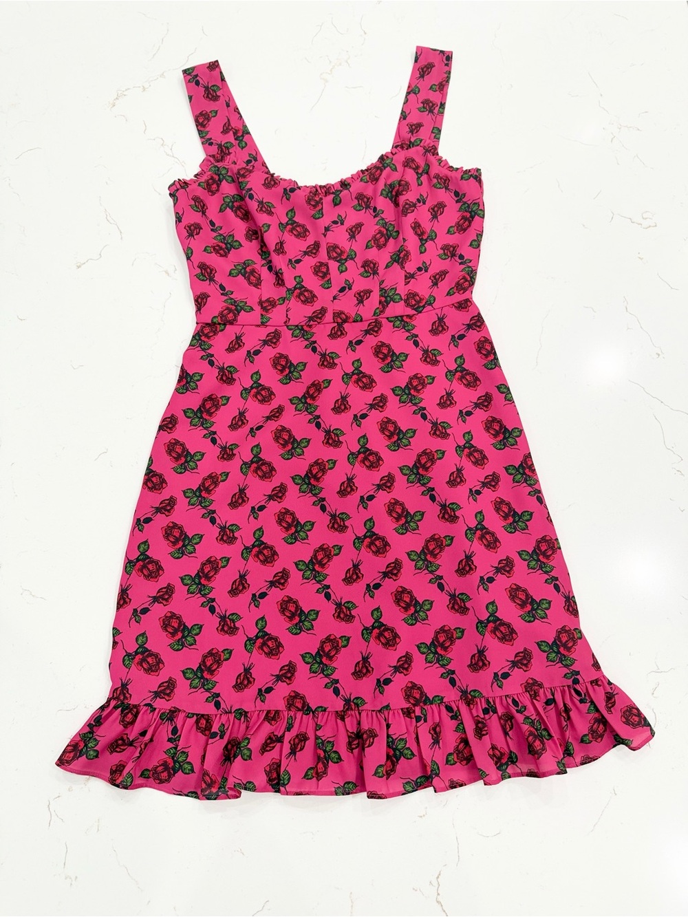 NWT Betsey Johnson Coquette Hot Pink Rose Print Ruffle Mini Dress. 🌹🎀